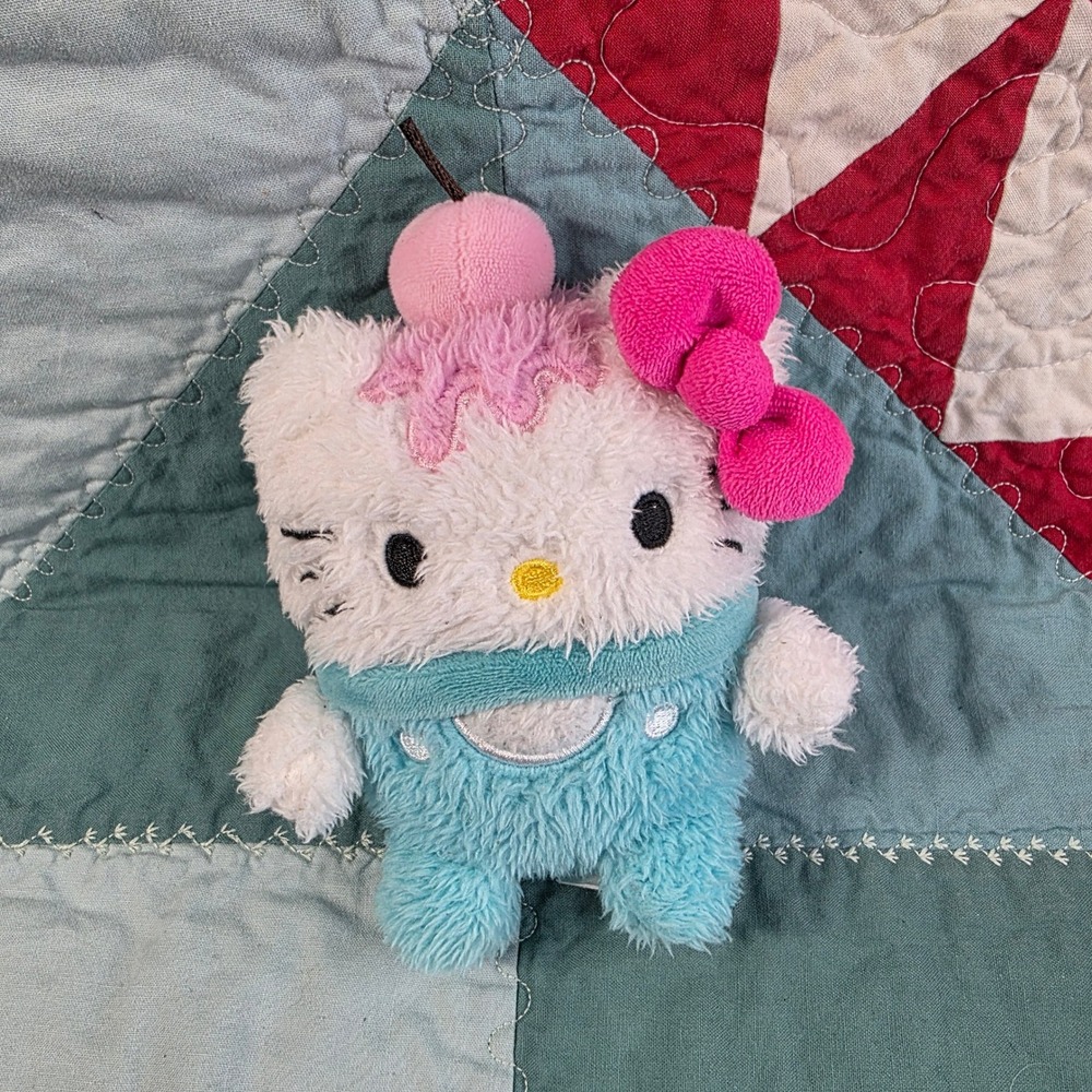 Hello Kitty BumBumz Sanrio Ice Cream Sundae Plush Blue Overalls Pink Bow 4.5"